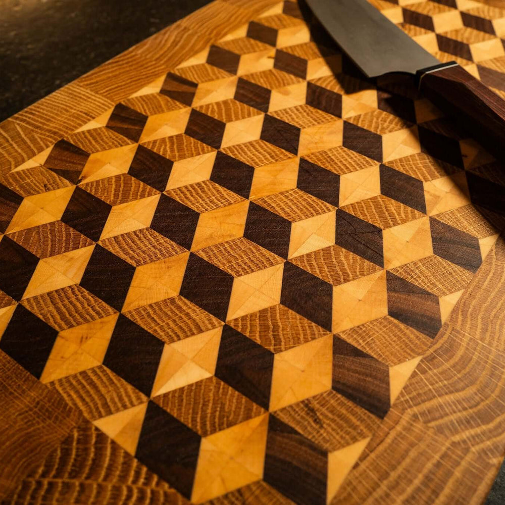 Planche à découper en bois de bout 3D avec bord en chêne
